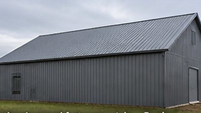 Exposed-fastener agricultural steel panel roof on a pole barn near Monticello, Minnesota