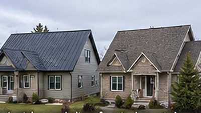 Side by side comparison of a standing seam metal roof and an architectural asphalt shingle roof